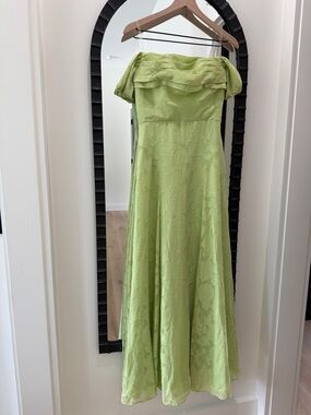 Elegant Lime Green Embossed Floral Off-Shoulder Maxi Dress